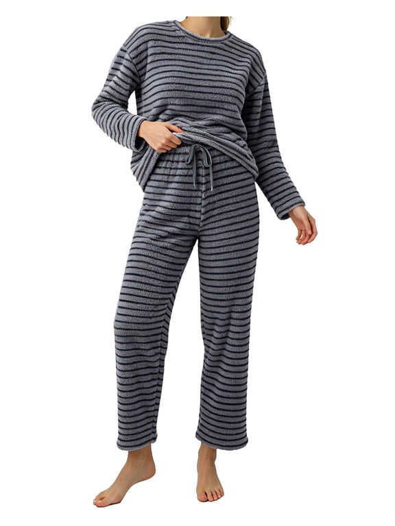 Womens Pajama Sets, Fuzzy Fleece 2‑Piece Crew Neck Long Sleeve Top & Straight Leg Pants, Cozy Lounge Sets for Women