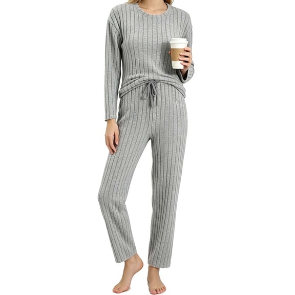 REDESS Womens Pajama Sets, Ribbed Knit 2 Piece Matching Loungewear, Long Sleeve Crew Neck Top & Drawstring Waist Pants, Casual Lounge Sets for Women Sleepwear, S‑XXL