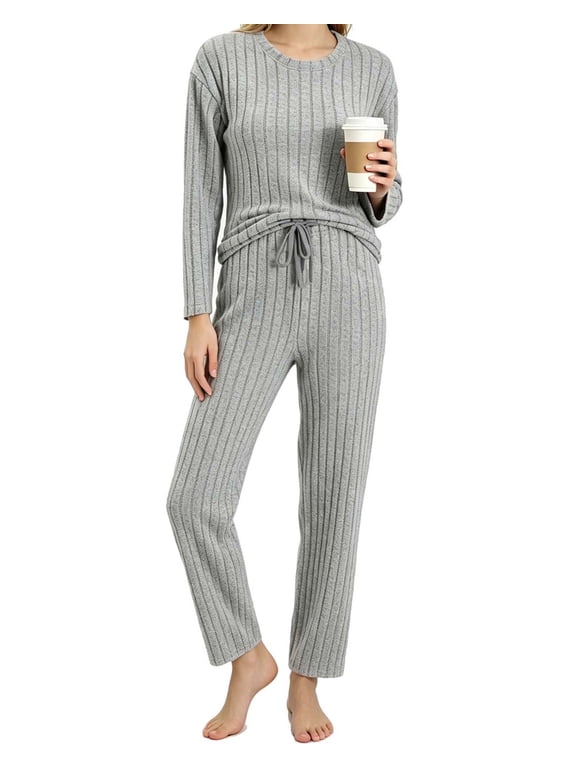 Womens Pajama Sets, Ribbed Knit 2 Piece Matching Loungewear, Long Sleeve Crew Neck Top & Drawstring Waist Pants, Casual Lounge Sets for Women Sleepwear, S‑XXL