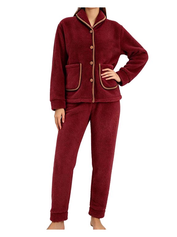 Womens Pajama Sets,Thick Winter Teddy Fleece 2 Piece Long Sleeve and Pants Lounge Sets for Women