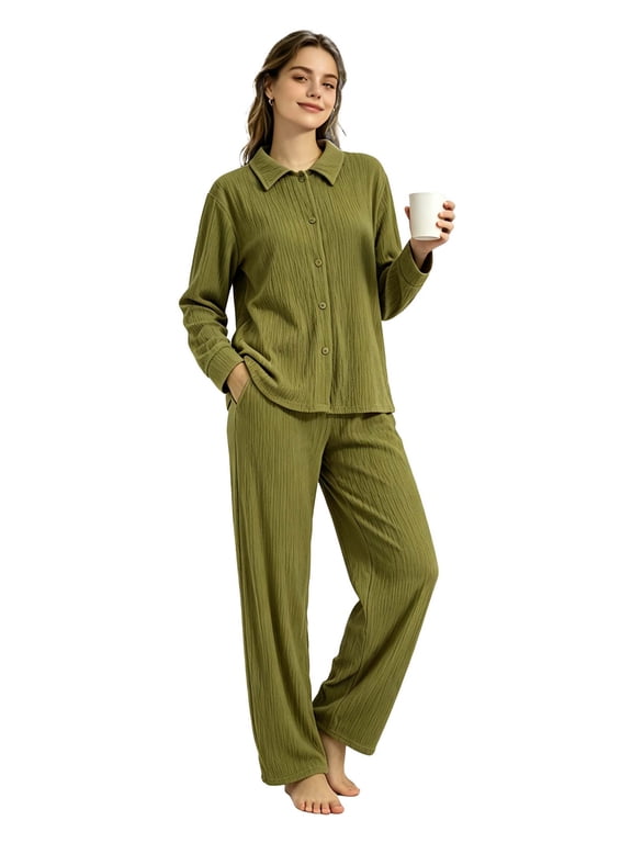 Womens Pajama Sets, 2 Piece Long Sleeve Lounge Sets Comfy Sleepwear Pajamas for Women Button Up Soft Pjs