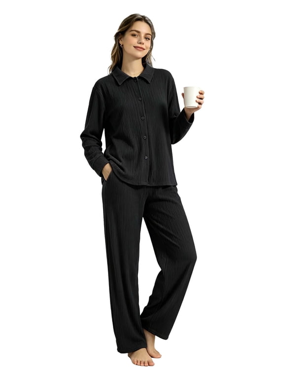 Womens Pajama Sets, 2 Piece Long Sleeve Lounge Sets Comfy Sleepwear Pajamas for Women Button Up Soft Pjs