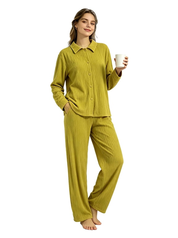 Womens Pajama Sets, 2 Piece Long Sleeve Lounge Sets Comfy Sleepwear Pajamas for Women Button Up Soft Pjs