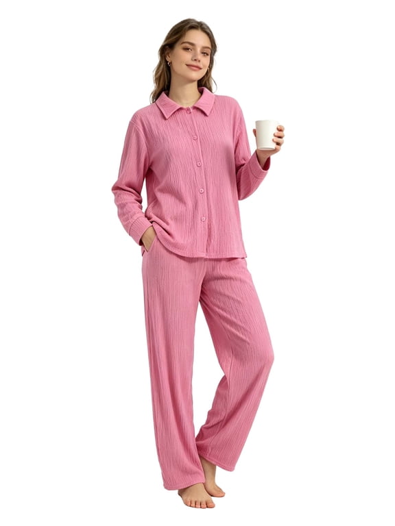 Womens Pajama Sets, 2 Piece Long Sleeve Lounge Sets Comfy Sleepwear Pajamas for Women Button Up Soft Pjs