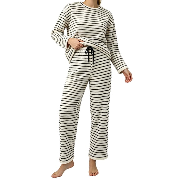 REDESS Womens Pajama Sets, Striped Fuzzy Fleece 2 Piece Matching Sleepwear, Crew Neck Pullover Top & Drawstring Pants, Cozy Lounge Sets for Women Winter Loungewear, S‑XXL