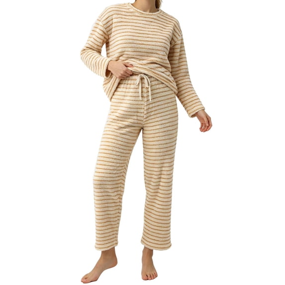 REDESS Womens Pajama Sets, Striped Fuzzy Fleece 2 Piece Matching Sleepwear, Crew Neck Pullover Top & Drawstring Pants, Cozy Lounge Sets for Women Winter Loungewear, S‑XXL