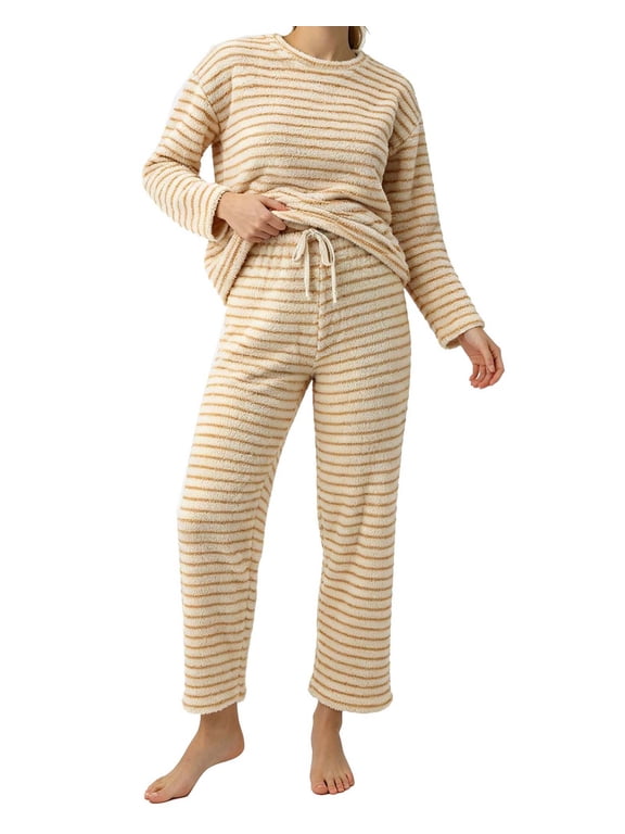 Womens Pajama Sets, Striped Fuzzy Fleece 2 Piece Matching Sleepwear, Crew Neck Pullover Top & Drawstring Pants, Cozy Lounge Sets for Women Winter Loungewear, S‑XXL