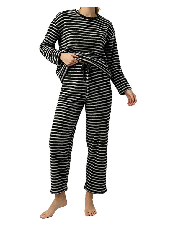 Womens Pajama Sets, Striped Fuzzy Fleece 2 Piece Matching Sleepwear, Crew Neck Pullover Top & Drawstring Pants, Cozy Lounge Sets for Women Winter Loungewear, S‑XXL