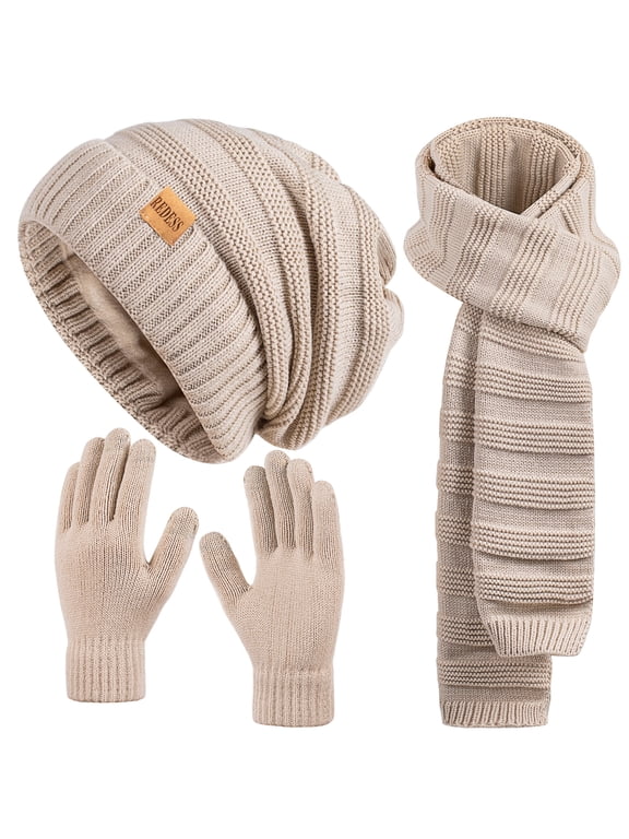 Womens Slouchy Beanie Hats Warm Winter Gloves Knit Thick Scarf,Black