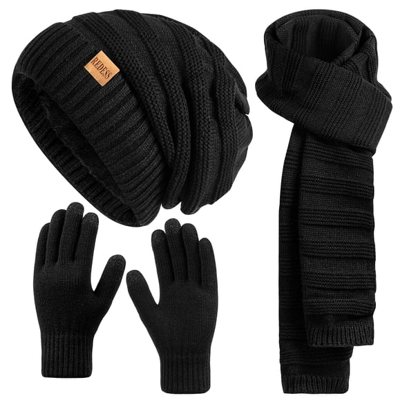 REDESS Women's Slouchy Warm Knit Thick Hat, Scarf & Glove Set, Black