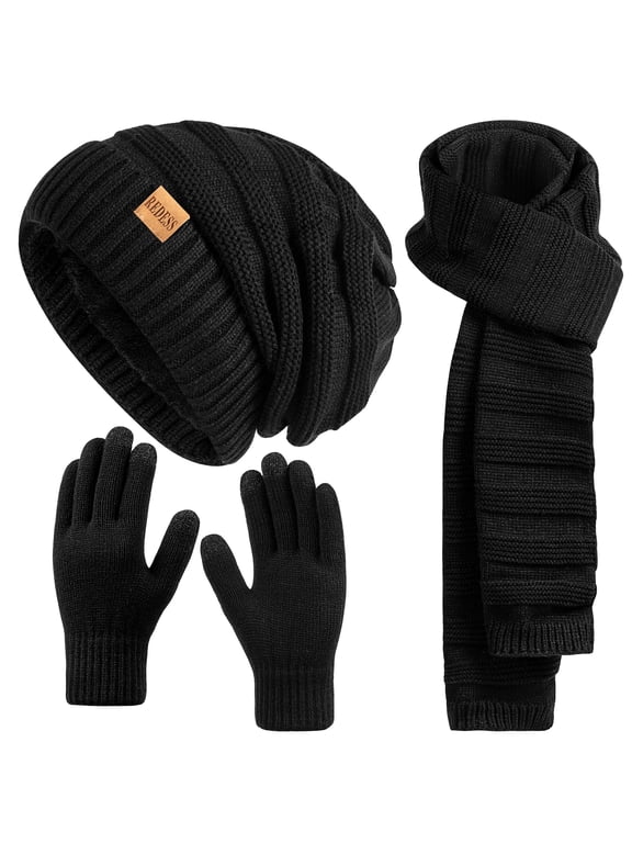 Women's Slouchy Warm Knit Thick Hat, Scarf & Glove Set, Black