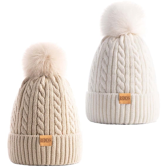 REDESS Womens Winter Hat, Fleece Lined Cable Knit Beanie Hat for Women 2 Pack
