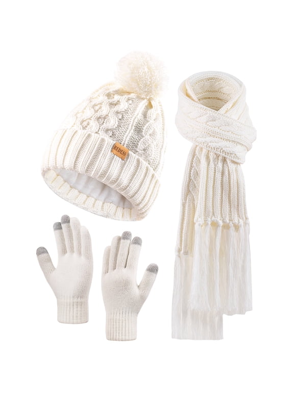 Womens Winter Hats Beanie Scarf & Gloves Sets for Women-White