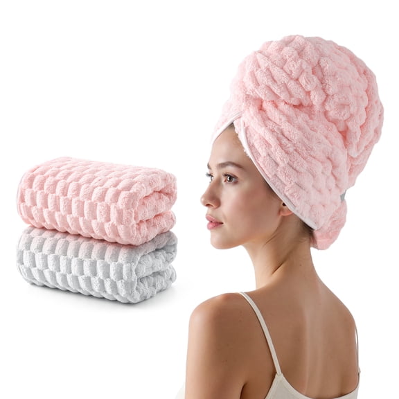 REDKISS 2-Pack Microfiber Hair Towels, Large 24x40 Hair Towel Wrap for Women. Quick Dry, Ultra Absorbent with Elastic Straps, Pink and Gray