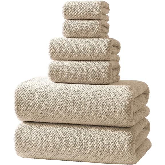 REDKISS 6-Piece Microfiber Towel Set, Camel Bathroom Towels. 550GSM Pineapple Weave 30x60 Bath Towel. Quick Dry Towel Set, Bathroom Essentials.