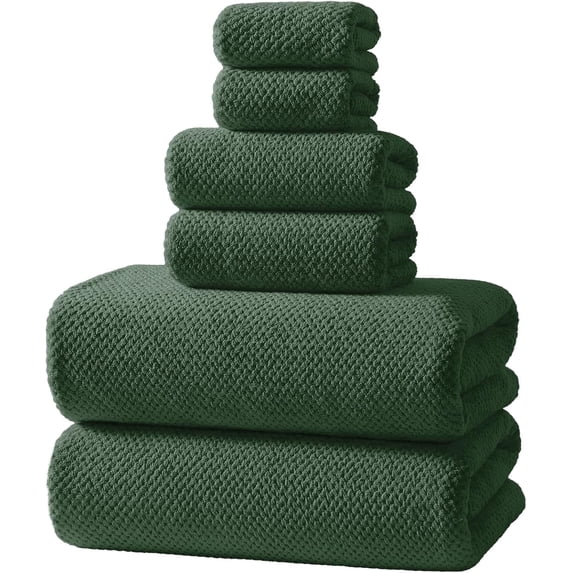 REDKISS 6-Piece Microfiber Towel Set, Oliver Green Bathroom Towels. 550GSM Pineapple Weave 30x60 Bath Towel. Quick Dry Towel Set, Bathroom Essentials.