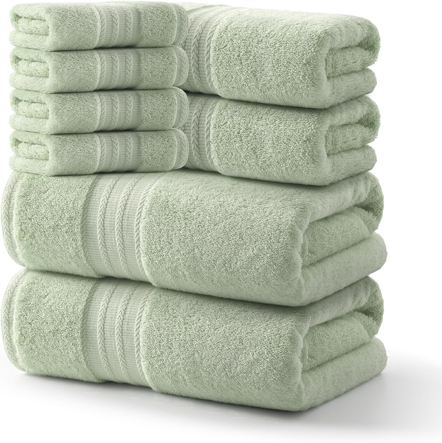 REDKISS 8-Piece 100% Cotton Towel Set, 600GSM Luxury Green Bath Towels.Quick Dry Hand Towels & Washcloths
