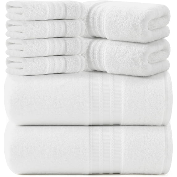 REDKISS 8-Piece 100% Cotton Towel Set, 600GSM Luxury White Bath Towels. Quick Dry Hand Towels & Washcloths