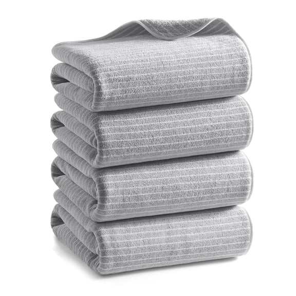 REDKISS 4-Pack Oversized Microfiber Bath Towel Set, 35x70 Fine Striped Quick Dry Light Gray Towels for Bathroom, Beach, Pool, Travel & Yoga