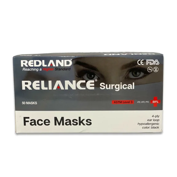 REDLAND RELIANCE Surgical 4-Ply Black Ear Loop Face Mask - ASTM Level 3 Protection, 100 Pack