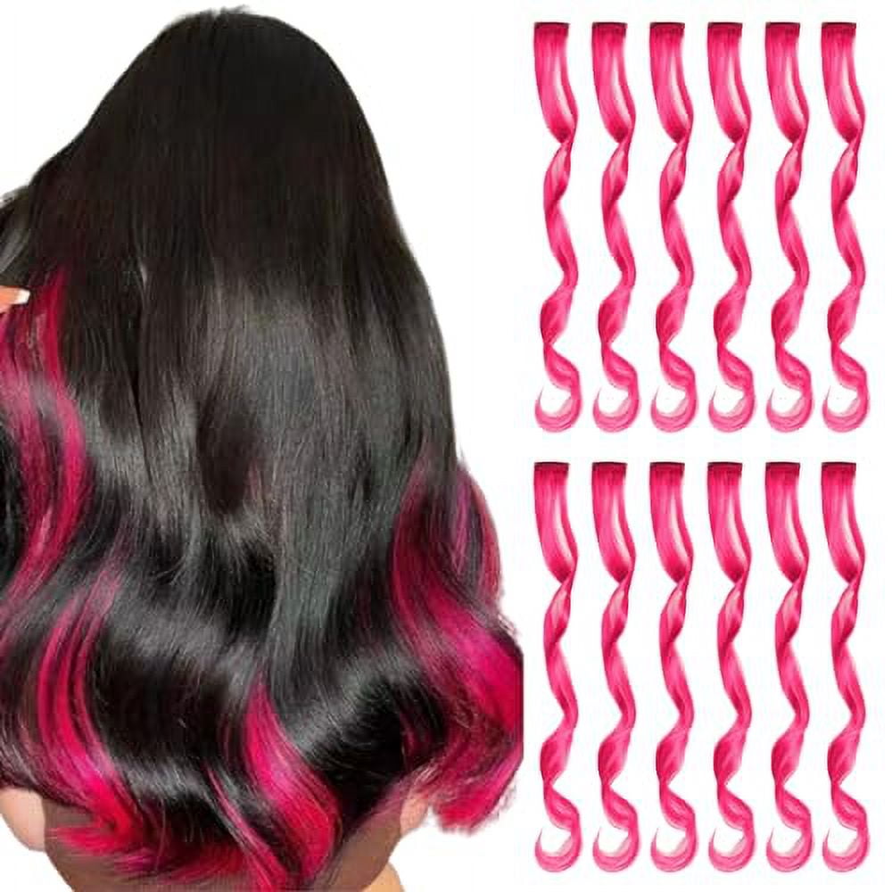 REDMENCO 12 Pieces Pink Hair Extensions Clip in for Kids Girls Curly Wavy Party Highlights Streak Colored Synthetic Hair Extension Clips Ins 16 inch