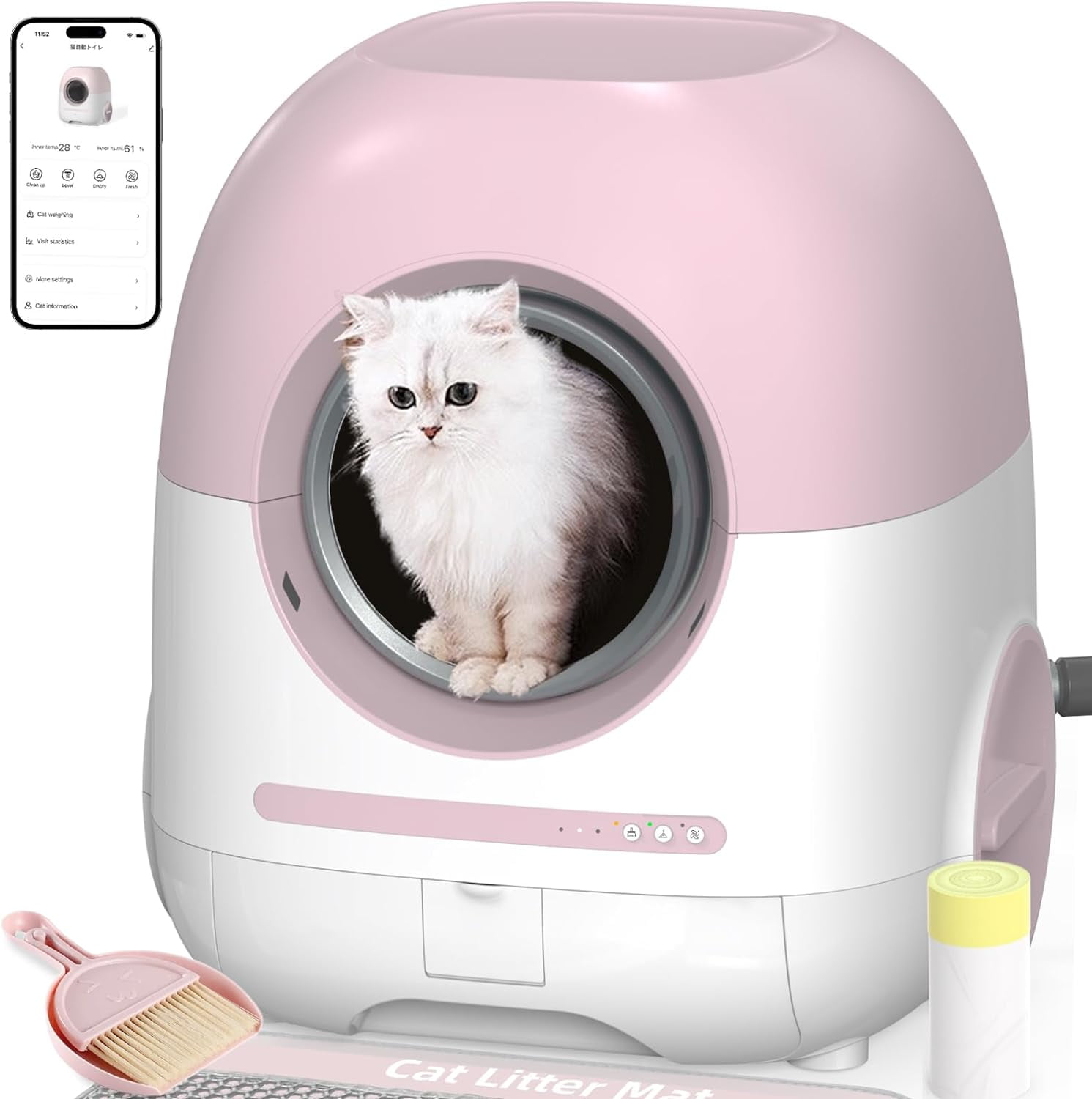 REDSASA Automatic Cat Litter Box Self Cleaning for Multiple Cats,2.4G & 5G Wifi App Control with Cat Mat & Cleaning Kit Liner & Odor-Removal, Pink