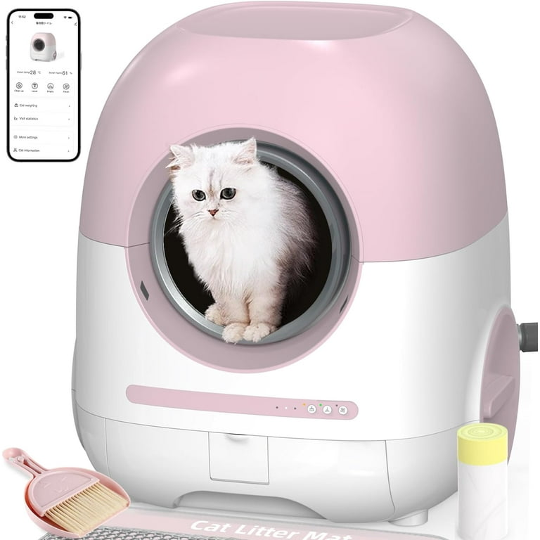 REDSASA Automatic Cat Litter Box Self Cleaning for Multiple Cats 2.4G 5G Wifi App Control with Cat Mat Cleaning Kit Liner Odor Removal Pink