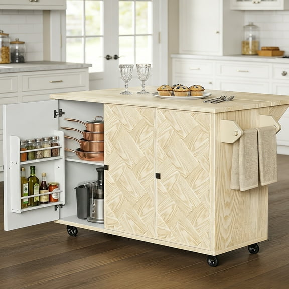 OMCHOM 51.2" Kitchen Island with Folding Drop Leaf,Rolling Cart Table with Storage and Towel Rack,Champagne