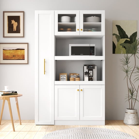 REDSASA Multi-Functional Pantry Cabinet with Pull-Out Shelves - Farmhouse 4-Door Storage Organizer for Kitchen Dining Room, White