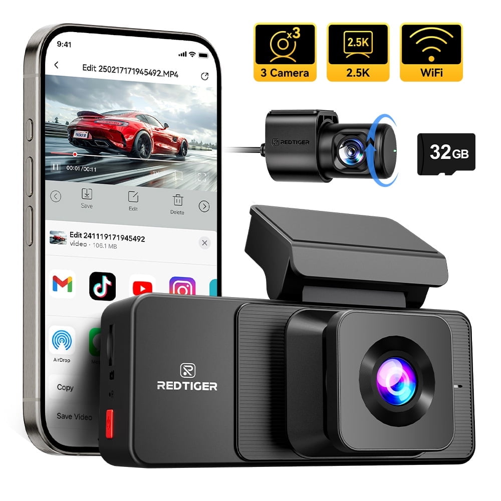 REDTIGER 3 Channel Dash Cam, 2.5K+1080P+1080P Front Inside and Rear Dash Camera, Free 32GB Card, Car Camera for Cars, Wifi, WDR Night Vision, 24H Parking Mode