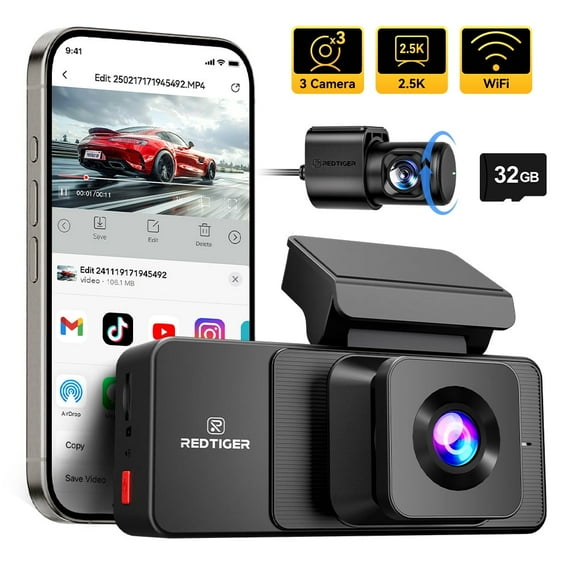REDTIGER 3 Channel Dash Cam, 2.5K+1080P+1080P Front Inside and Rear Dash Camera, Free 32GB Card, Car Camera for Cars, Wifi, WDR Night Vision, 24H Parking Mode