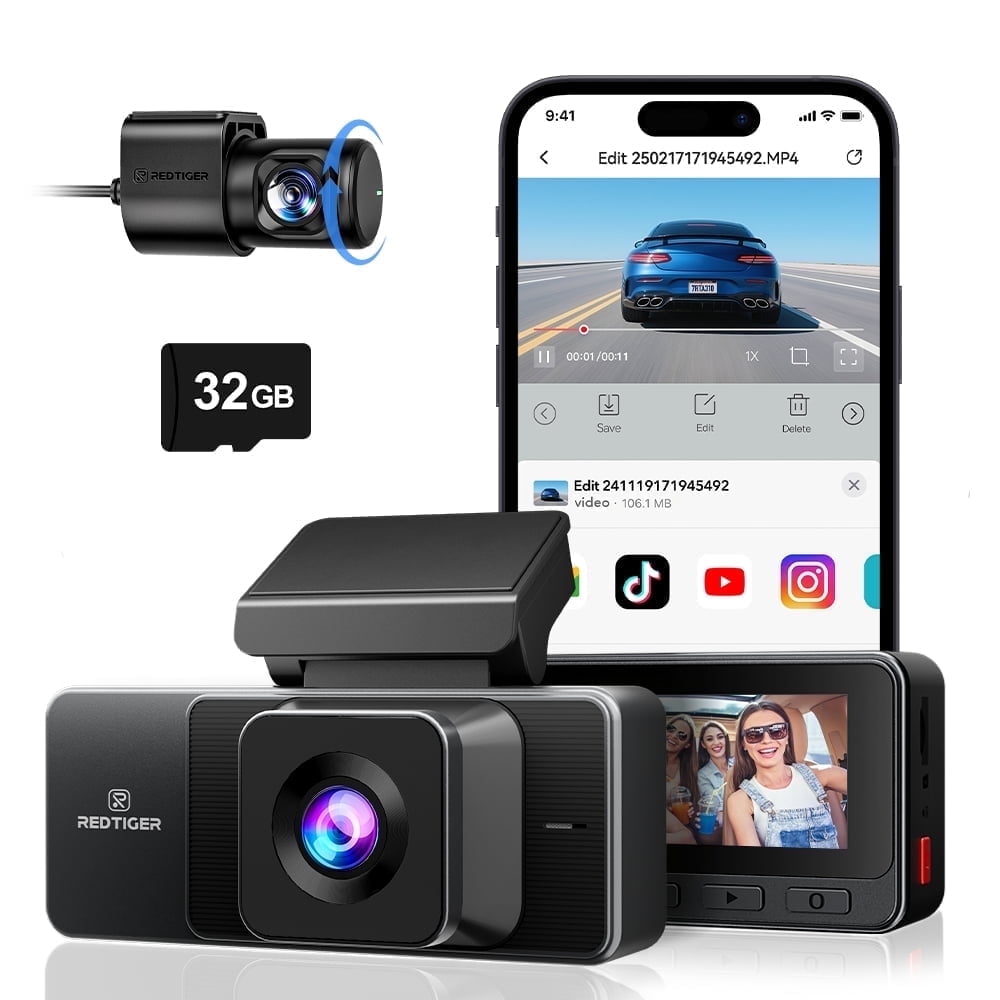 REDTIGER A3 Dash Camera, 3 Channel, 2.5K Front + 1080P Dash Cam Front and Rear and Inside, Free 32GB Card, WiFi Car Security Camera, WDR Night Vision, 24H Parking Monitor