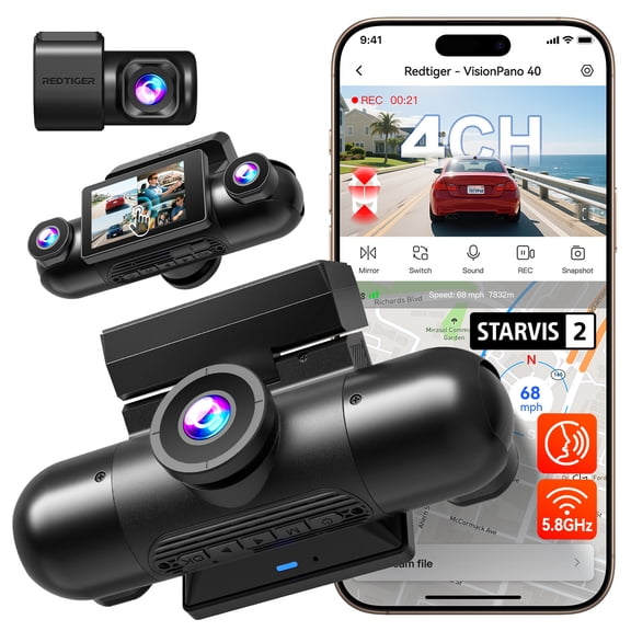 REDTIGER 4 Channel Dash Cam, 360° View Car Camera with Dual STARVIS 2, 2.5K Front & Cabin + 1080P Rear & Side, 5.8GHz WiFi, IR Night Vision, 4 Adjustable Lenses