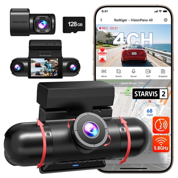 REDTIGER 4 Channel Dash Cam, 360 View Car Camera with Dual STARVIS 2, 2.5K Front & Cabin + 1080P Rear & Side, 5.8GHz WiFi, IR Night Vision, 4 Adjustable Lenses, 128GB Card Included
