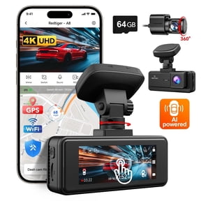 REDTIGER A8 Dash Cam Front and Rear, 4K Car Dash Camera with AI Driver Assistance, Built-in GPS, 3.18" IPS Touch Screen, Night Vision, 24H Parking Monitor, G-Sensor, Includes 64GB Card