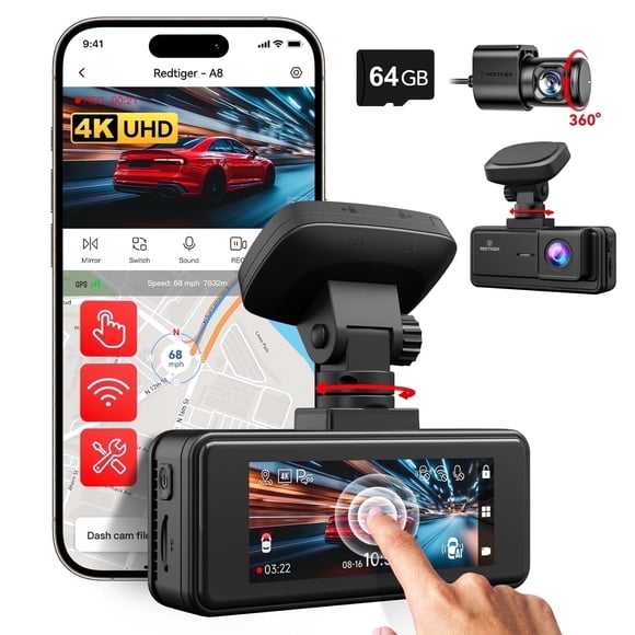 REDTIGER 4K Dash Cam Front and Rear, 3.18" IPS Touch Screen Car Camera with AI-Powered Driver Assistance,free 64GB Card, Built-in GPS, Super Night Vision, 24H Parking Monitor, G-Sensor