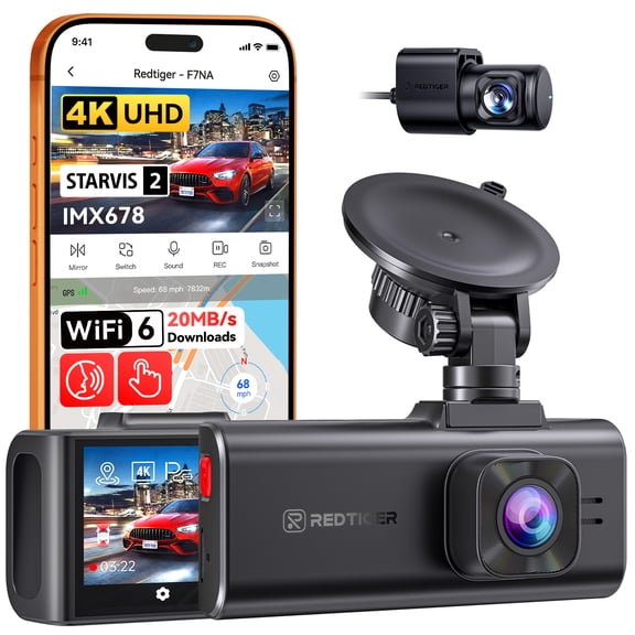 REDTIGER 4K Dual Dash Cam, Front 4K + Rear 1080P, 5GHz WiFi 6, ADAS, Voice Control, GPS Support, 3.69" Touchscreen, Parking Mode, Loop Recording (No SD Card)