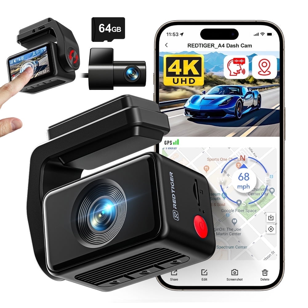 REDTIGER A4 Dash Cam Front and Rear, 4K Car Dash Camera with GPS& 5G Wifi, Touch Screen, 64GB Card, Voice Control Dashcam, Super Night Vision, Front and Rear Dash Cam with G-Sensor