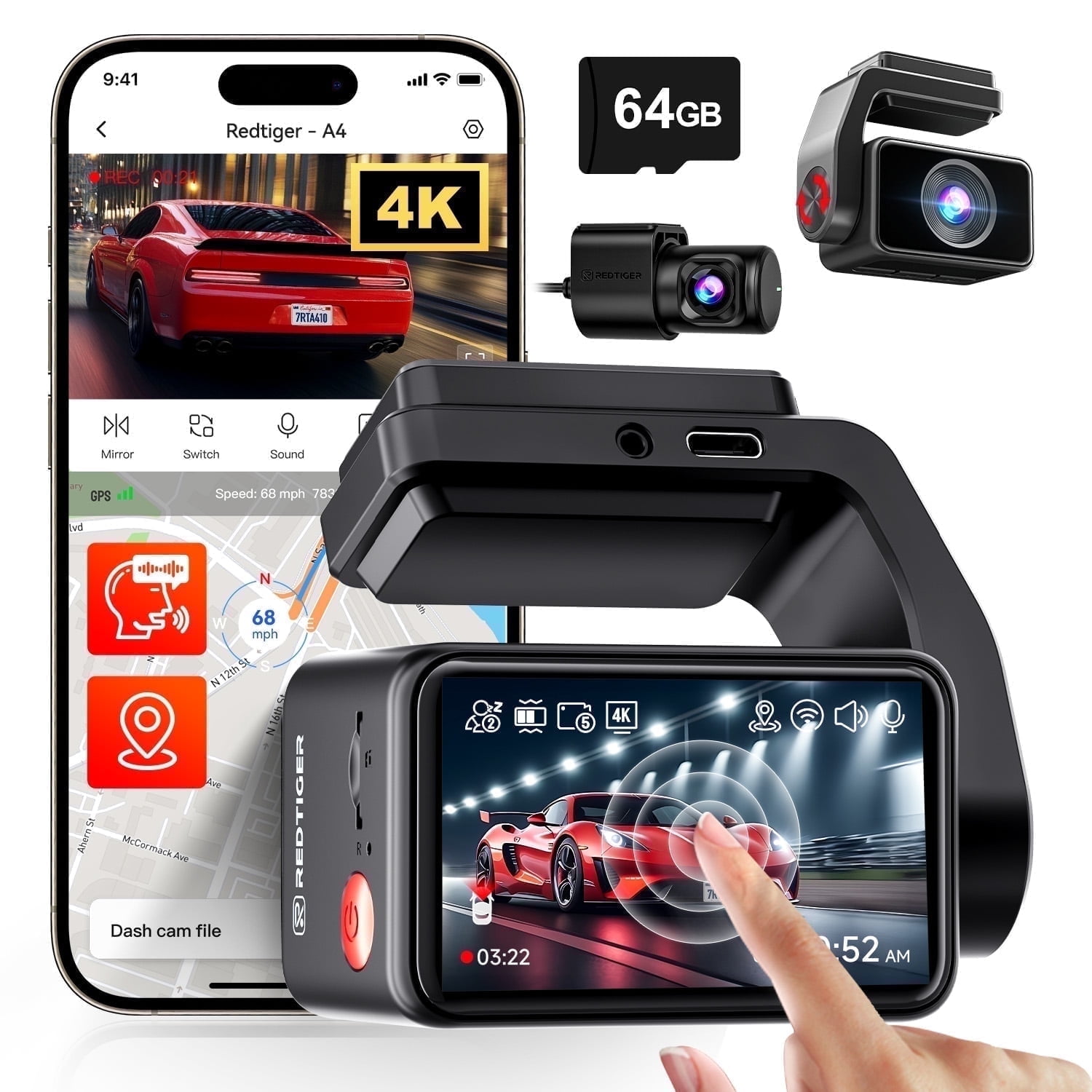 Walmart Black Friday Deals 2025 REDTIGER A4 Dash Cam Front and Rear, 4K Car Dash Camera with GPS& 5G Wifi, Touch Screen, 64GB Card, Voice Control Dashcam, Super Night Vision, Front and Rear Dash Cam with G-Sensor