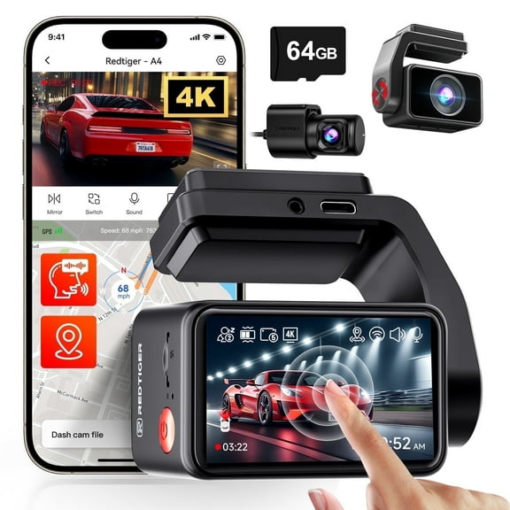 REDTIGER A4 Dash Cam Front and Rear, 4K Car Dash Camera with GPS& 5G Wifi, Touch Screen, 64GB Card, Voice Control Dashcam, Super Night Vision, Front and Rear Dash Cam with G-Sensor
