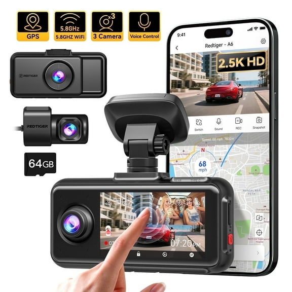 REDTIGER A6 3 Channel Dash Cam, Touch Screen, 2.5K+1080P+1080P Dash Cam Front and Rear Inside, 64GB Card, Triple Dash Camera with WiFi & GPS, Loop Recording, Night Vision
