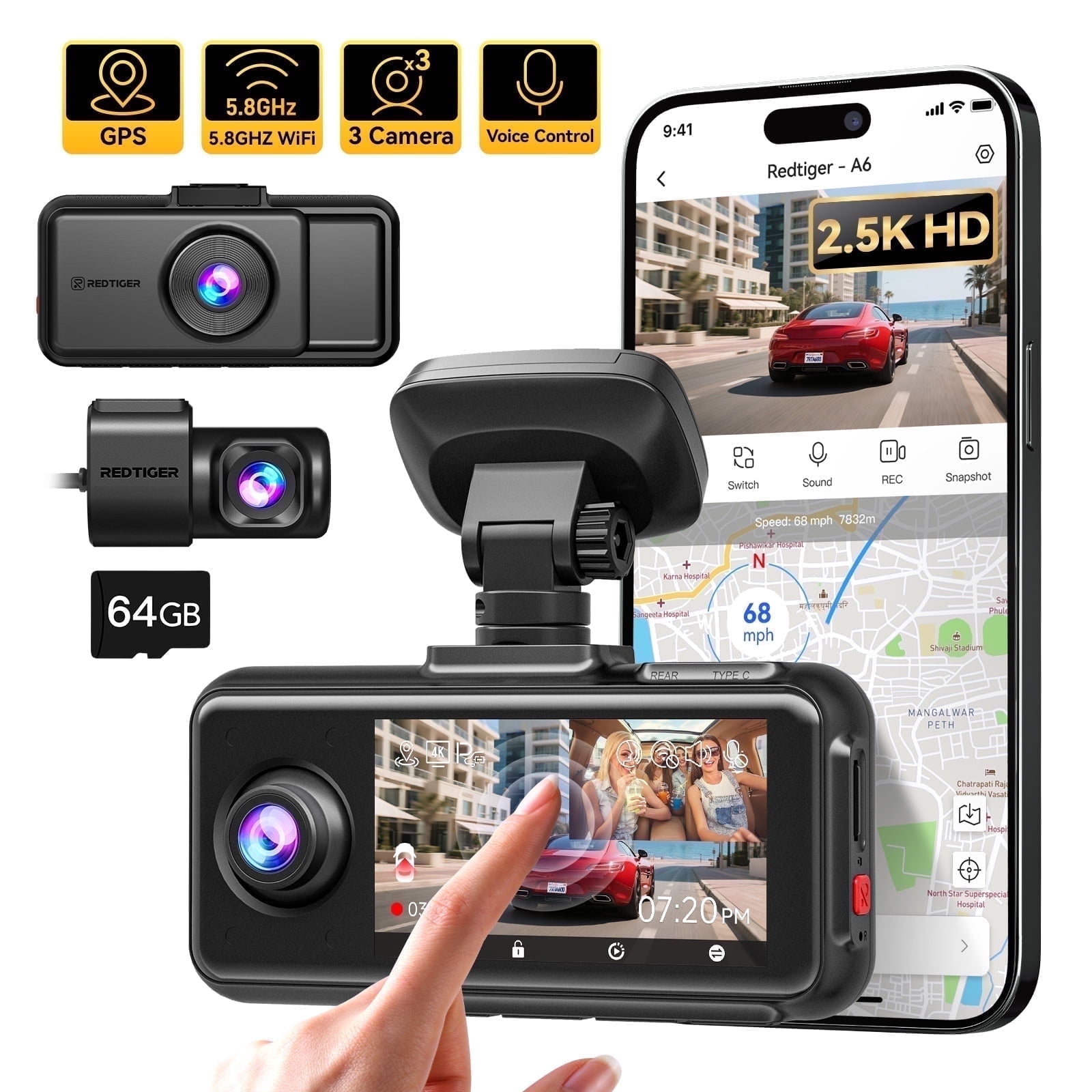 REDTIGER A6 3 Channel Dash Cam, Touch Screen, 2.5K+1080P+1080P Dash Cam Front and Rear Inside, 64GB Card, Triple Dash Camera with WiFi & GPS, Loop Recording, Night Vision