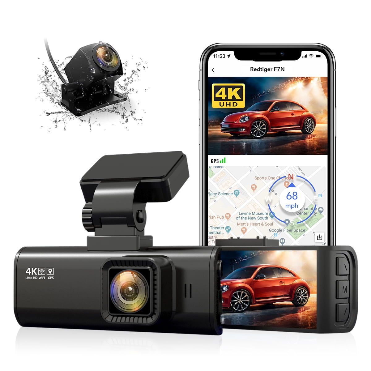 REDTIGER Caméra de tableau de bord pour tableau de bord 4K/2,5K avec GPS  WiFi Dash Cam