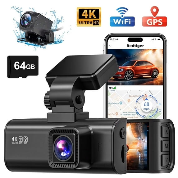 REDTIGER Dash Cam Front and Rear, Dash Cam 4K with WiFi & GPS, 4K/2.5K Front+1080P Rear Dashcam, Dash Camera with Night Vision, 3.18'' LCD Screen, Loop Recording, Black
