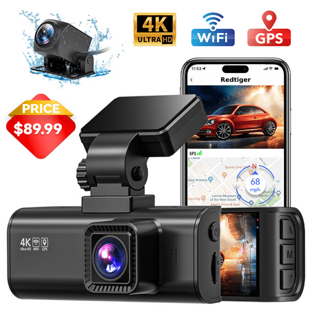 REDTIGER Dash Cam Front and Rear, Dash Cam 4K with WiFi & GPS, 4K/2.5K Front+1080P Rear Dashcam, Dash Camera with Night Vision, 3.18'' LCD Screen, Loop Recording, Black