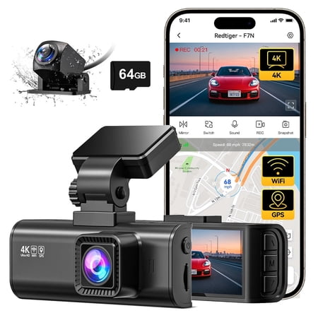 REDTIGER Dash Cam Front and Rear, Dash Cam 4K with WiFi & GPS, 4K/2.5K Front+1080P Rear Dashcam, Dash Camera with Night Vision, 3.18'' LCD Screen, Loop Recording, Black