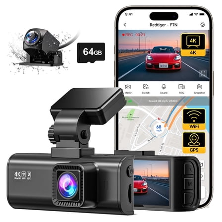 REDTIGER Dash Cam Front and Rear, Dash Cam 4K with WiFi & GPS, 4K/2.5K Front+1080P Rear Dashcam, Dash Camera with Night Vision, 3.18'' LCD Screen, Loop Recording, Black
