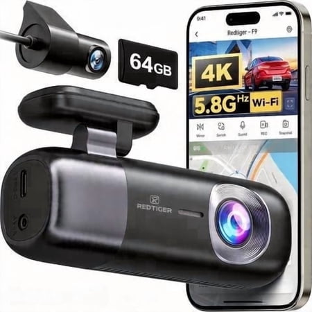 REDTIGER Dash Cam 4K Front and 1080P Rear ,5.8G WiFi GPS Car Camera with 64GB SD Card, Loop Recording, Night Vision, Parking Mode, Smart App Control, Support 256GB Max