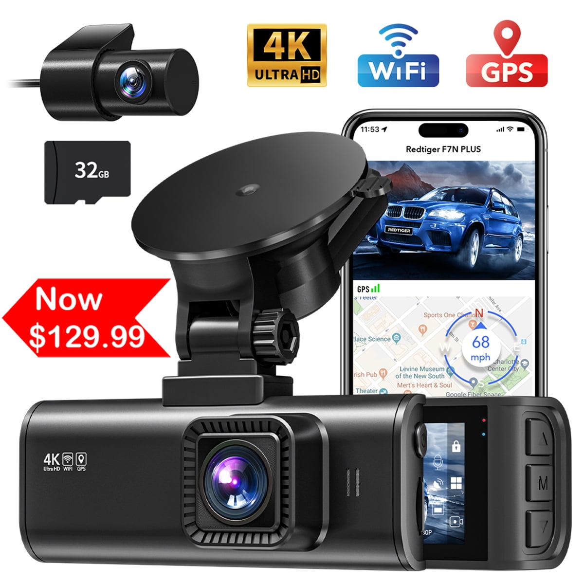 REDTIGER Dash Cam Front and Rear, 4K/2.5K Full HD Dash