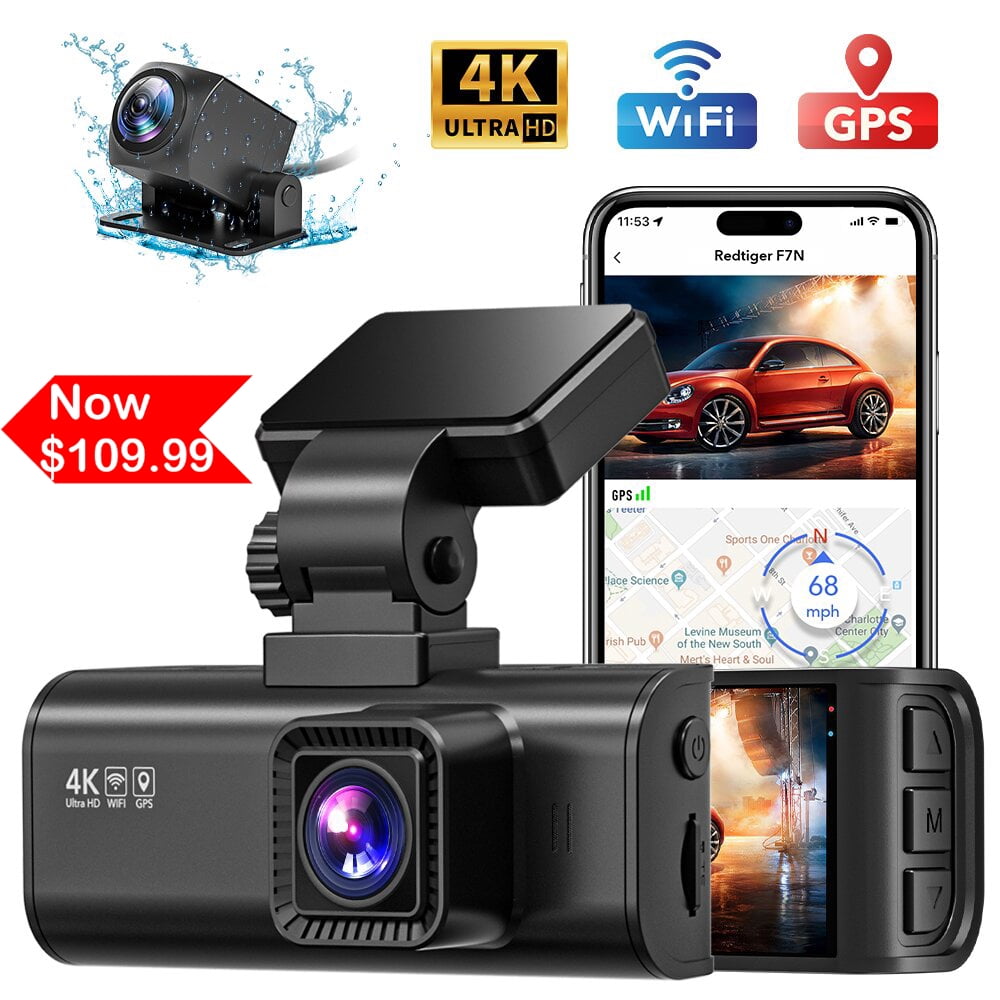 REDTIGER Dash Cam Front and Rear, 4K Dash Cam with WiFi & GPS, 4K/2.5K  Front+1080P Rear Dash Camera with Night Vision, LCD Screen Display, Loop  Recording,Black 